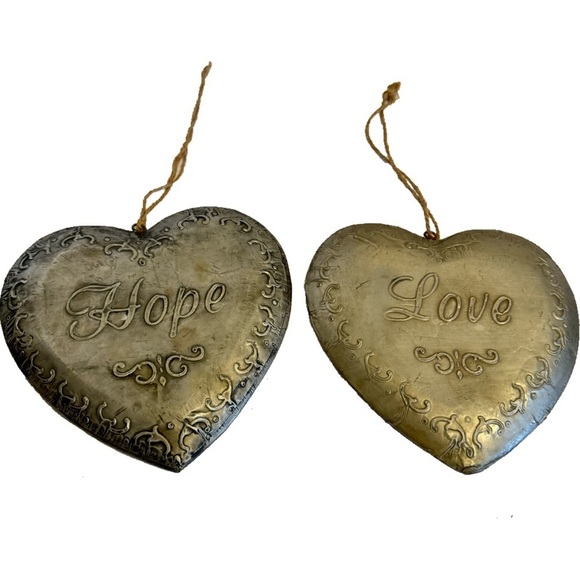Vintage Other - Vintage Set of 2 Stamped Metal Love & Hope Heart Pendants Primitive Décor